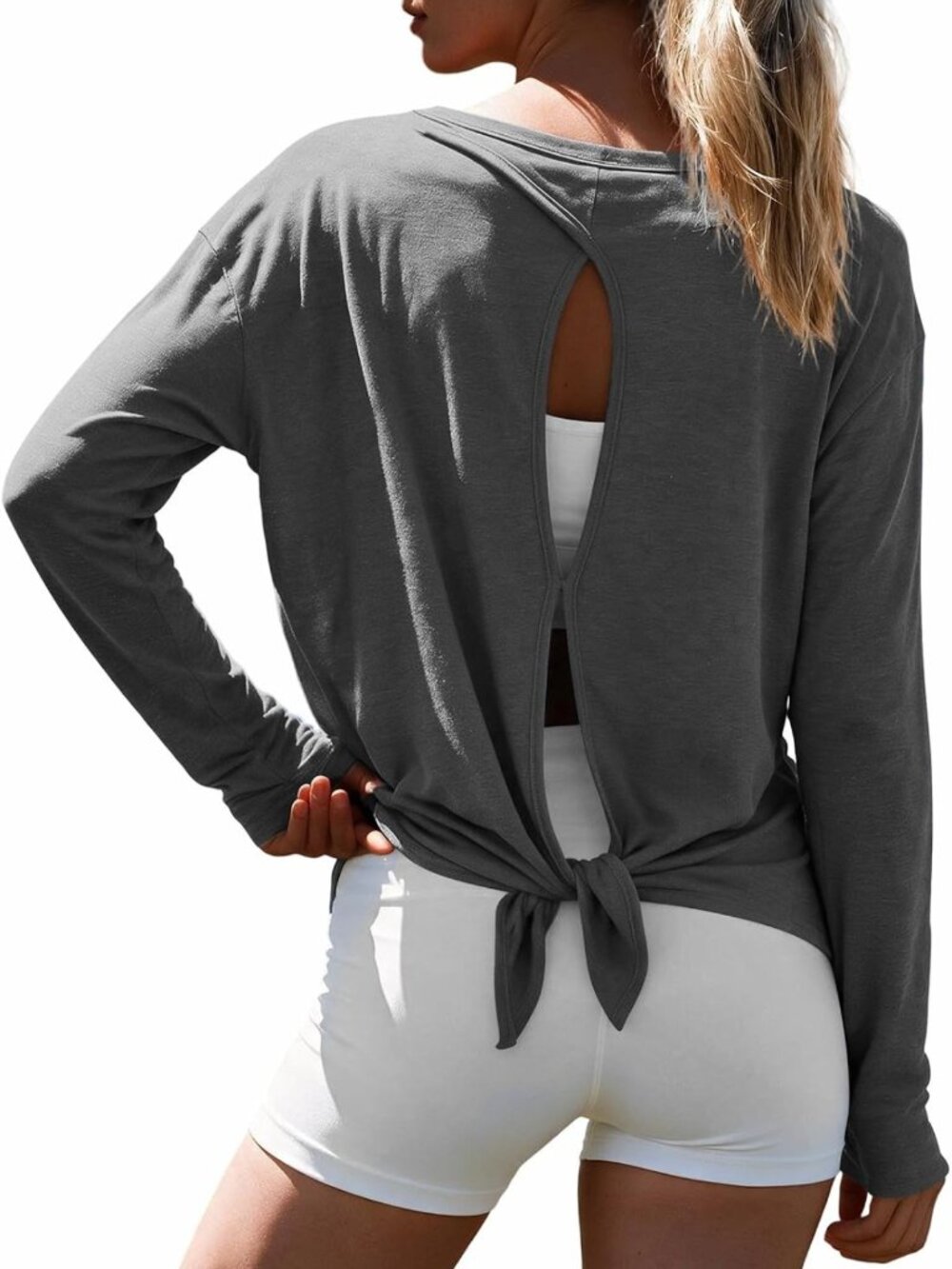 Women's Long Sleeve Open Back Workout Shirt - Casual Yoga Top for Fitness